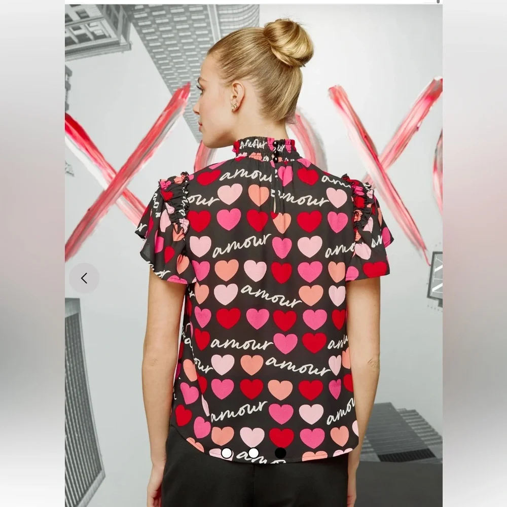 Women’s Heart Print Ruffled Mock Neck Top - Black/Pink - Picture 2 of 8